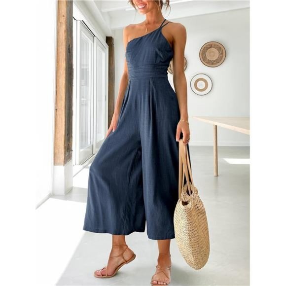 Women's Dark Blue One Shoulder High Waist Casual Wide‎ Leg Linen Jumpsuit Romper - Picture 5 of 7